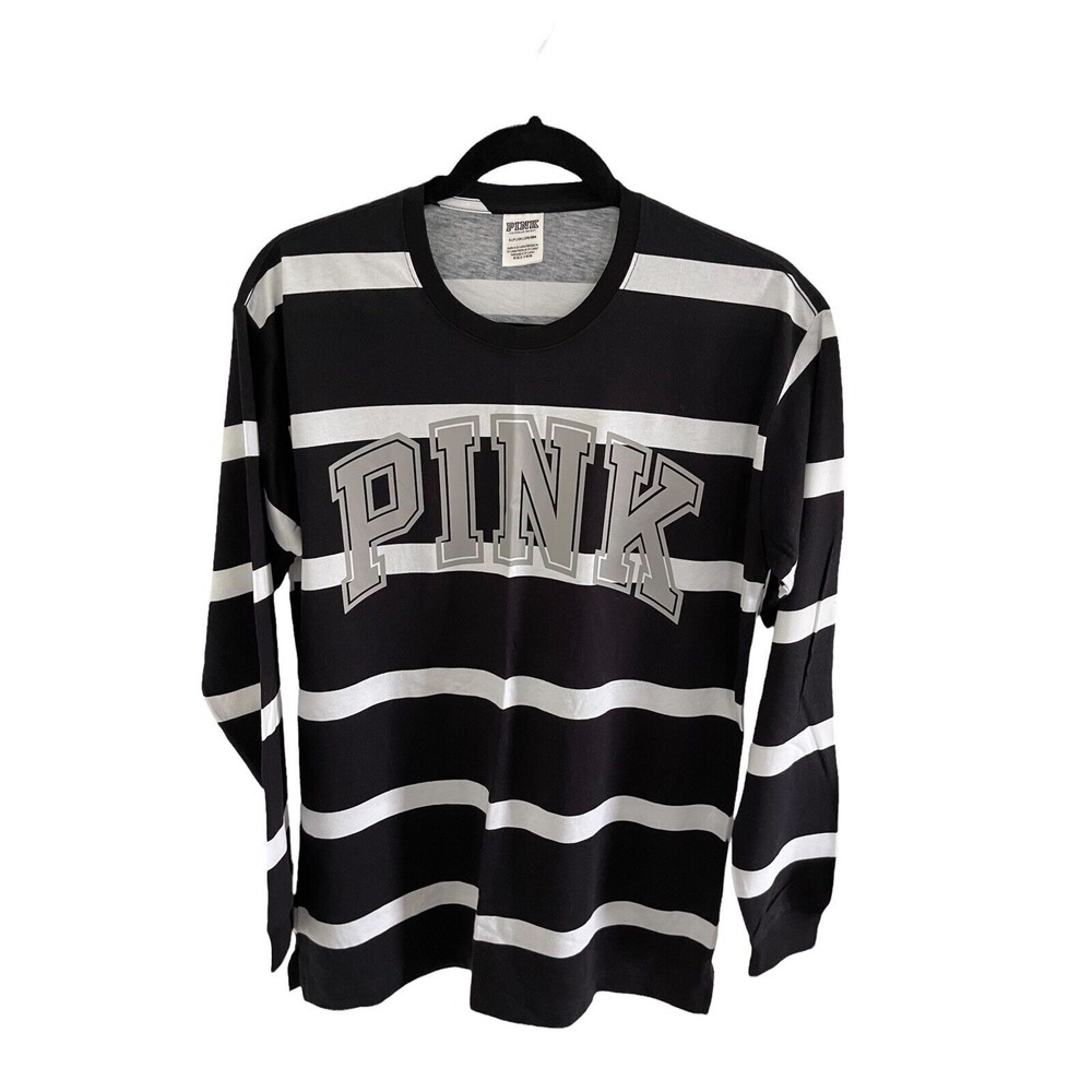 Victoria's Secret PINK Striped Campus Pullover Long Sleeve Tee Shirt Sz Small